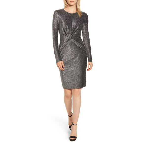Michael Kors Long-Sleeve Twist-Waist Metallic Dress in Black/Silver - Picture 1 of 9